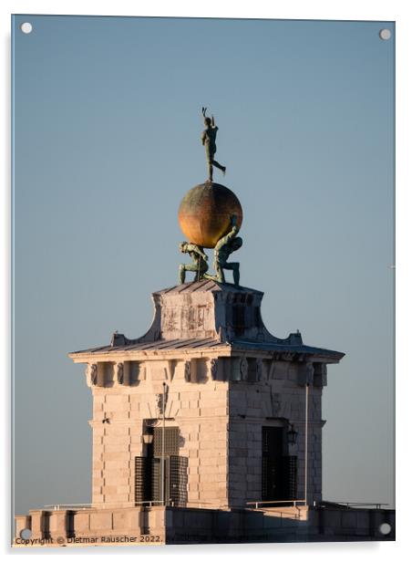Punta della Dogana Atlas Satues Holding Golden Globe in Venice,  Acrylic by Dietmar Rauscher