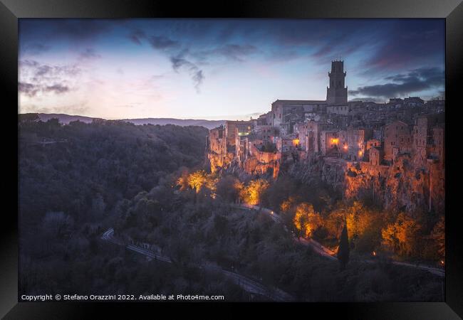 Tuscany, Pitigliano medieval village at blue hour. Italy Framed Print by Stefano Orazzini