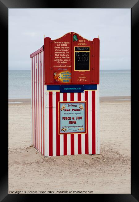Punch and Judy booth on Weymouth beach - traditional children's entertainment Framed Print by Gordon Dixon