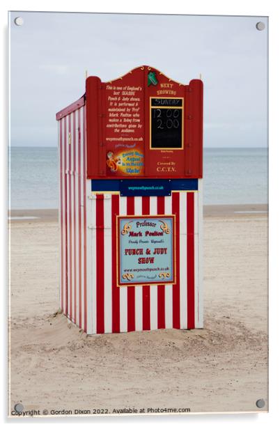 Punch and Judy booth on Weymouth beach - traditional children's entertainment Acrylic by Gordon Dixon