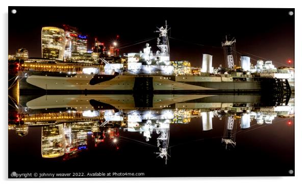 HMS Belfast Reflection River Thames London Riverside Acrylic by johnny weaver