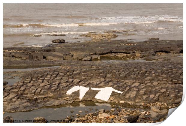 Lying flat out by the sea - laundry drying on rocks at Mumbai, India Print by Gordon Dixon
