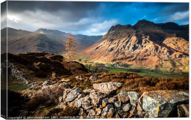 Langdale valley on a snowless February day. Canvas Print by John Henderson