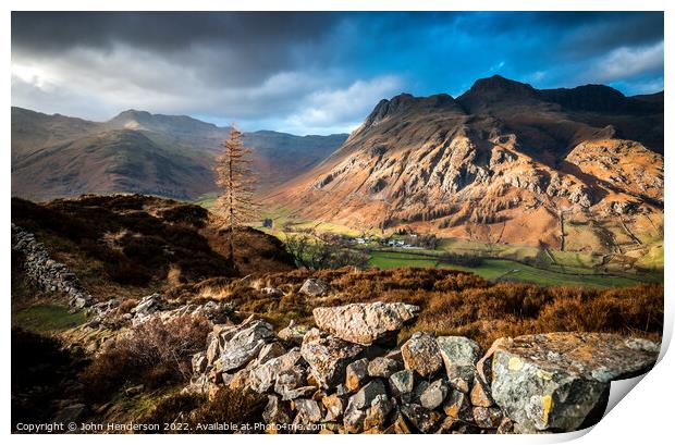 Langdale valley on a snowless February day. Print by John Henderson