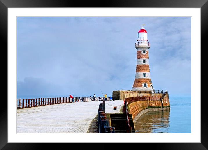 Fishing at Roker Pier and lighthouse, Sunderland Framed Mounted Print by Martyn Arnold
