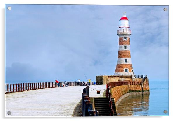 Fishing at Roker Pier and lighthouse, Sunderland Acrylic by Martyn Arnold