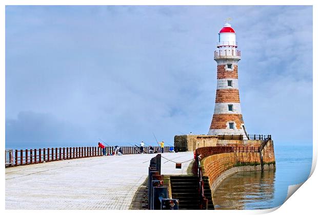 Fishing at Roker Pier and lighthouse, Sunderland Print by Martyn Arnold