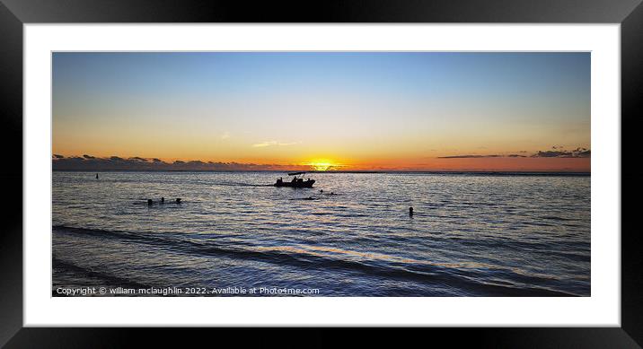 Boat crossing sunset  Framed Mounted Print by liam mclaughlin