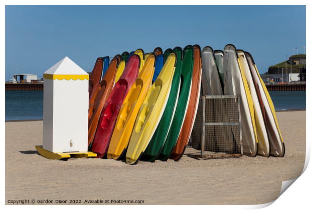 Colourful sit-on kayaks for hire on Weymouth beach Print by Gordon Dixon