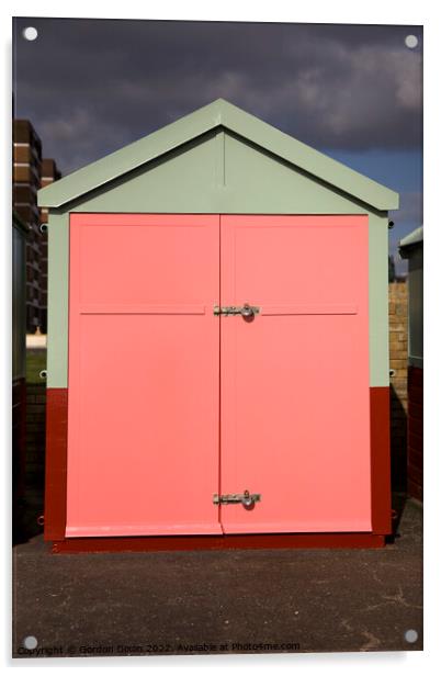 Peach colour beach hut against stormy sky Acrylic by Gordon Dixon