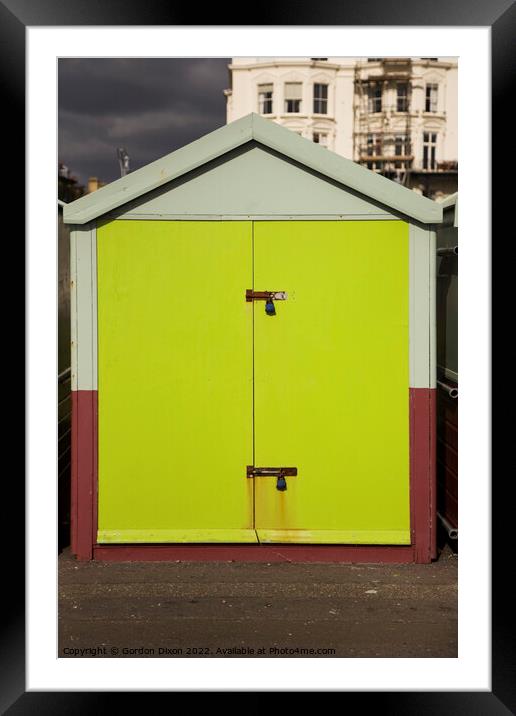 Lime green door of a sea front beach hut, Brighton and Hove Framed Mounted Print by Gordon Dixon