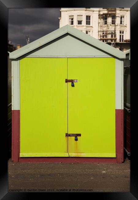 Lime green door of a sea front beach hut, Brighton and Hove Framed Print by Gordon Dixon