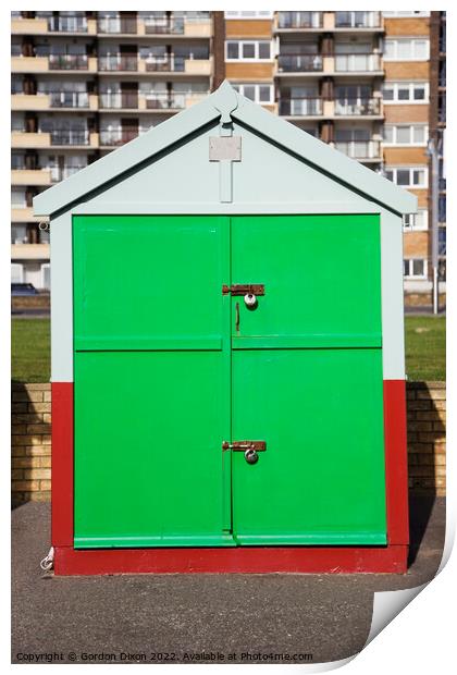 Bright green painted door of a sea front beach hut, Brighton and Hove Print by Gordon Dixon