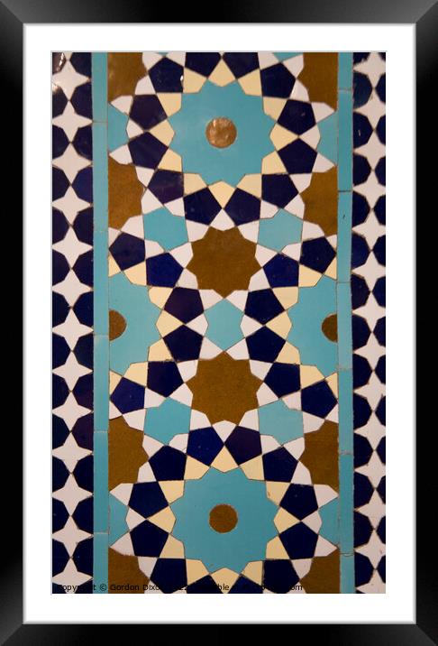 Islamic design in tiles at the tomb of the Persian poet Hafez in the Iranian city of Shiraz Framed Mounted Print by Gordon Dixon