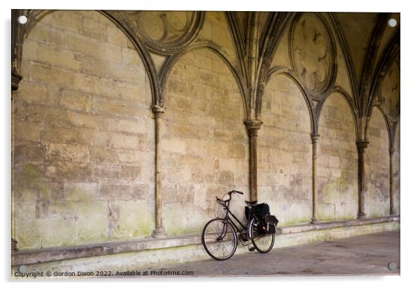 A priest's bicycle leaning up against a wall in the Cloister's Courtyard of Salisbury Cathedral, Wiltshire Acrylic by Gordon Dixon