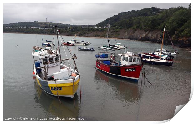 Fishing Boats in New Quay Cardigan Bay Print by Glyn Evans