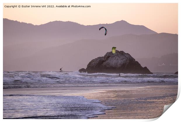 Wind surfers on the Pacific Oean near San Francisco Print by Eszter Imrene Virt