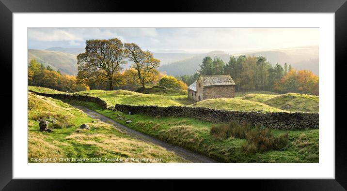Autumn light at Bell Hagg Barn Framed Mounted Print by Chris Drabble