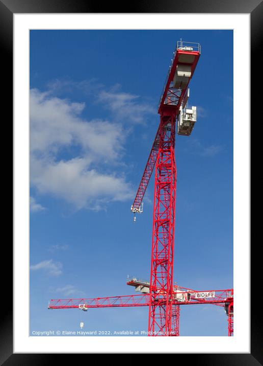 Red cranes blue sky Framed Mounted Print by Elaine Hayward
