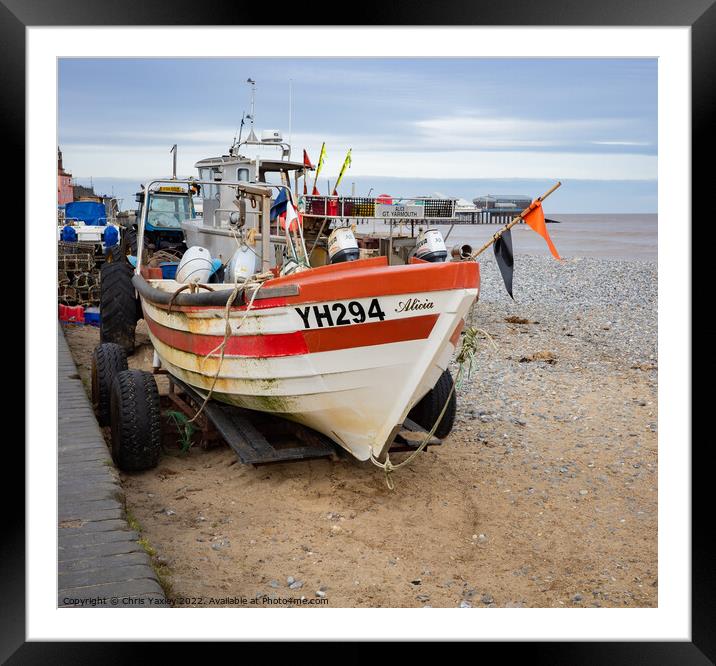 Fishing boat on Cromer Beach, North Norfolk Coast Framed Mounted Print by Chris Yaxley