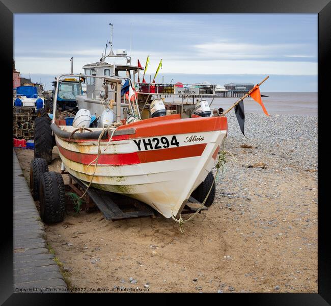 Fishing boat on Cromer Beach, North Norfolk Coast Framed Print by Chris Yaxley
