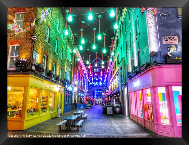 A Dazzling Night in London’s Carnaby Street Framed Print by Beryl Curran