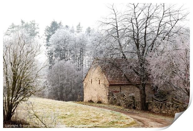 Winter landscape with old house in Czechia. Print by Sergey Fedoskin