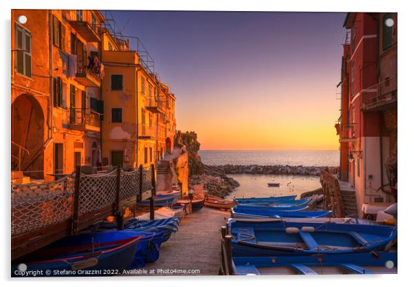 Riomaggiore boats in the street at sunset. Cinque Terre Acrylic by Stefano Orazzini