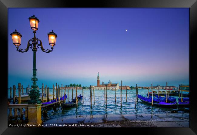 Venice, street lamp and gondolas. Italy Framed Print by Stefano Orazzini