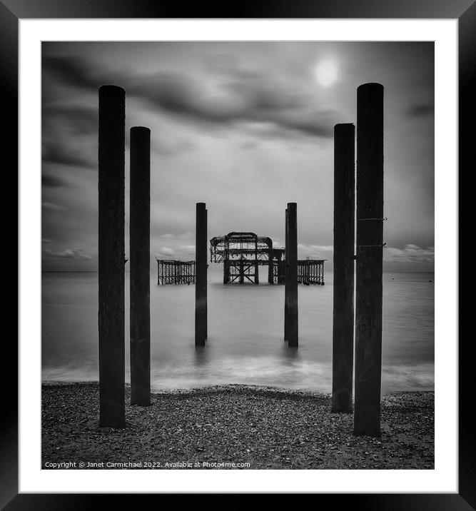 Brighton West Pier in Monochrome Framed Mounted Print by Janet Carmichael