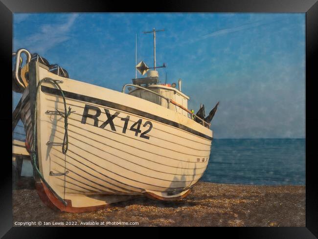 A Fishing Boat on the Beach Framed Print by Ian Lewis