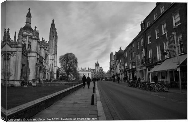 Kings collage on kings parade in Cambridge Canvas Print by Ann Biddlecombe