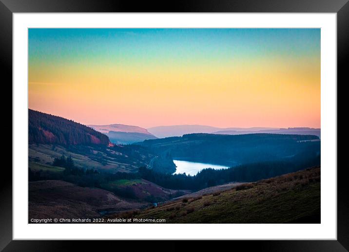 Cantref Reservoir Afterglow Framed Mounted Print by Chris Richards