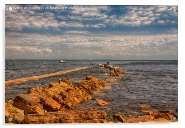 Fishing on the rocks at Peveril Point, Swanage Acrylic by Derek Daniel