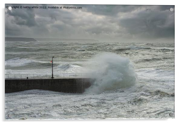 stormy Porthleven Pier Acrylic by kathy white