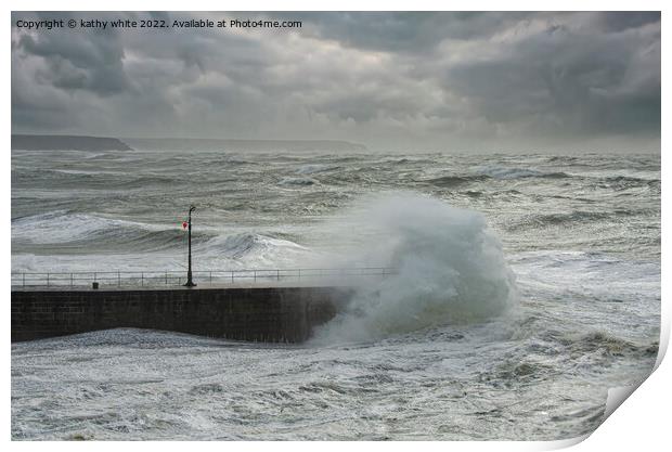 stormy Porthleven Pier Print by kathy white