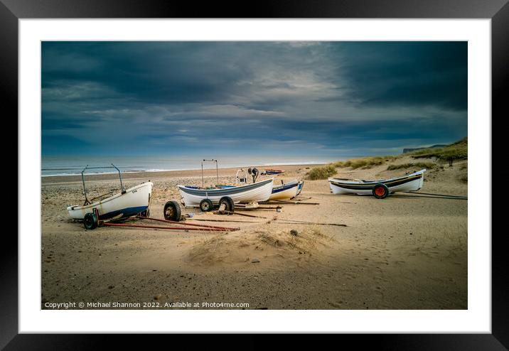 Boats on the beach at Marske By the Sea Framed Mounted Print by Michael Shannon