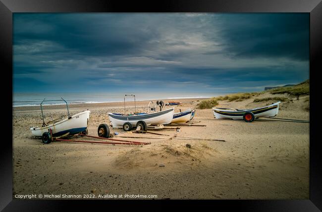 Boats on the beach at Marske By the Sea Framed Print by Michael Shannon