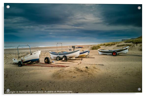Boats on the beach at Marske By the Sea Acrylic by Michael Shannon