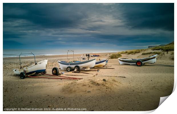 Boats on the beach at Marske By the Sea Print by Michael Shannon