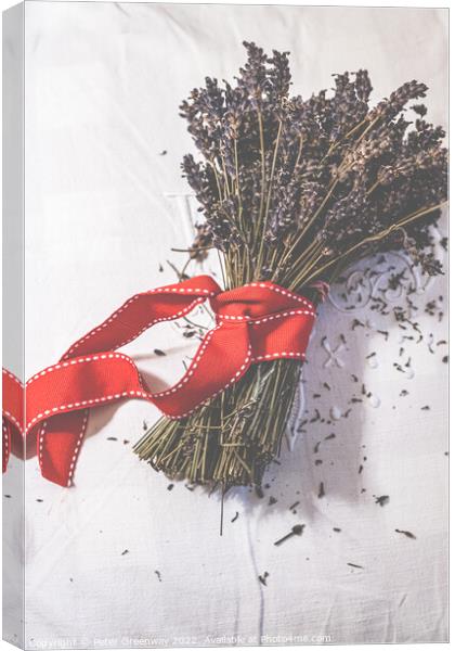 Bunches Of Dried Lavender Tied With A Red Ribbon Canvas Print by Peter Greenway