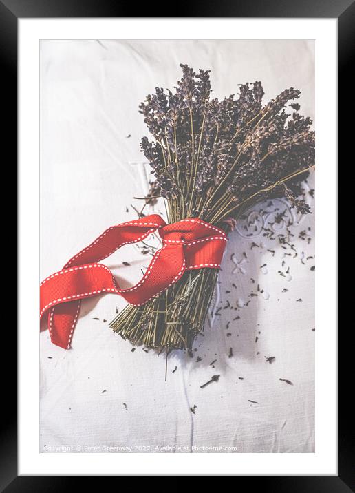 Bunches Of Dried Lavender Tied With A Red Ribbon Framed Mounted Print by Peter Greenway