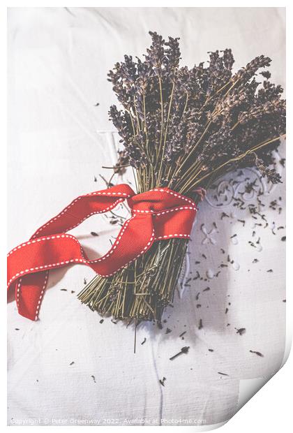 Bunches Of Dried Lavender Tied With A Red Ribbon Print by Peter Greenway
