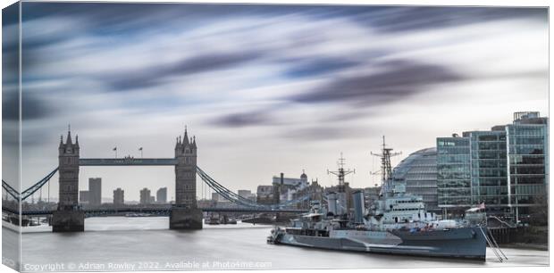 HMS Belfast & Tower Bridge Canvas Print by Adrian Rowley