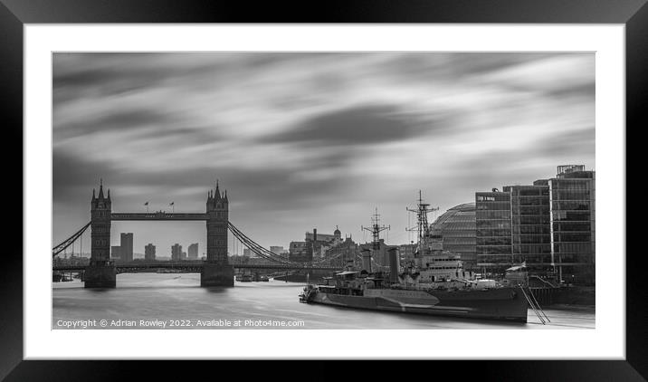HMS Belfast & Tower Bridge monochrome Framed Mounted Print by Adrian Rowley