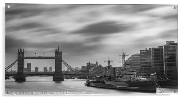 HMS Belfast & Tower Bridge monochrome Acrylic by Adrian Rowley