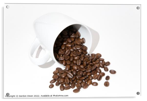 Roasted coffee beans spilling out of a mug - white background Acrylic by Gordon Dixon