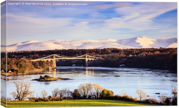 Menai Strait and Snowdonia in Winter Anglesey  Canvas Print by Pearl Bucknall