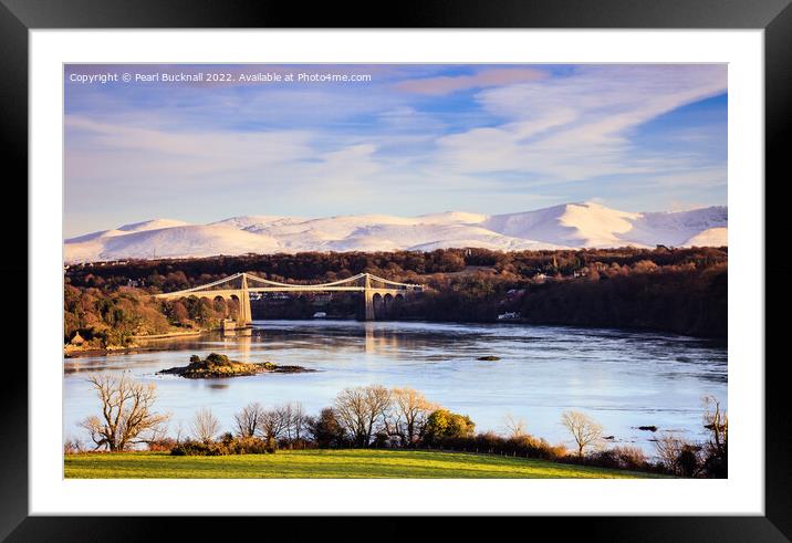 Menai Strait and Snowdonia in Winter Anglesey  Framed Mounted Print by Pearl Bucknall
