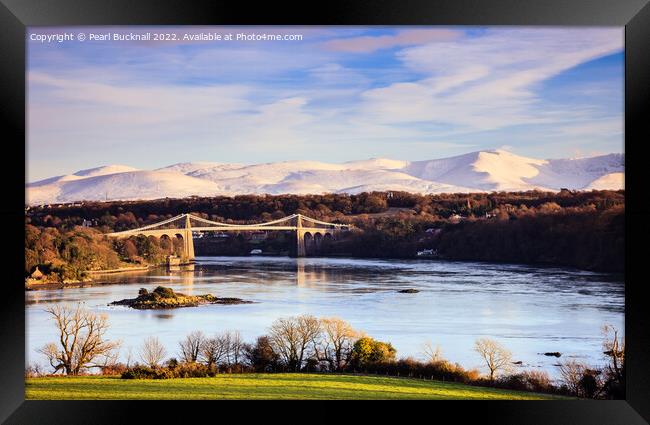 Menai Strait and Snowdonia in Winter Anglesey  Framed Print by Pearl Bucknall